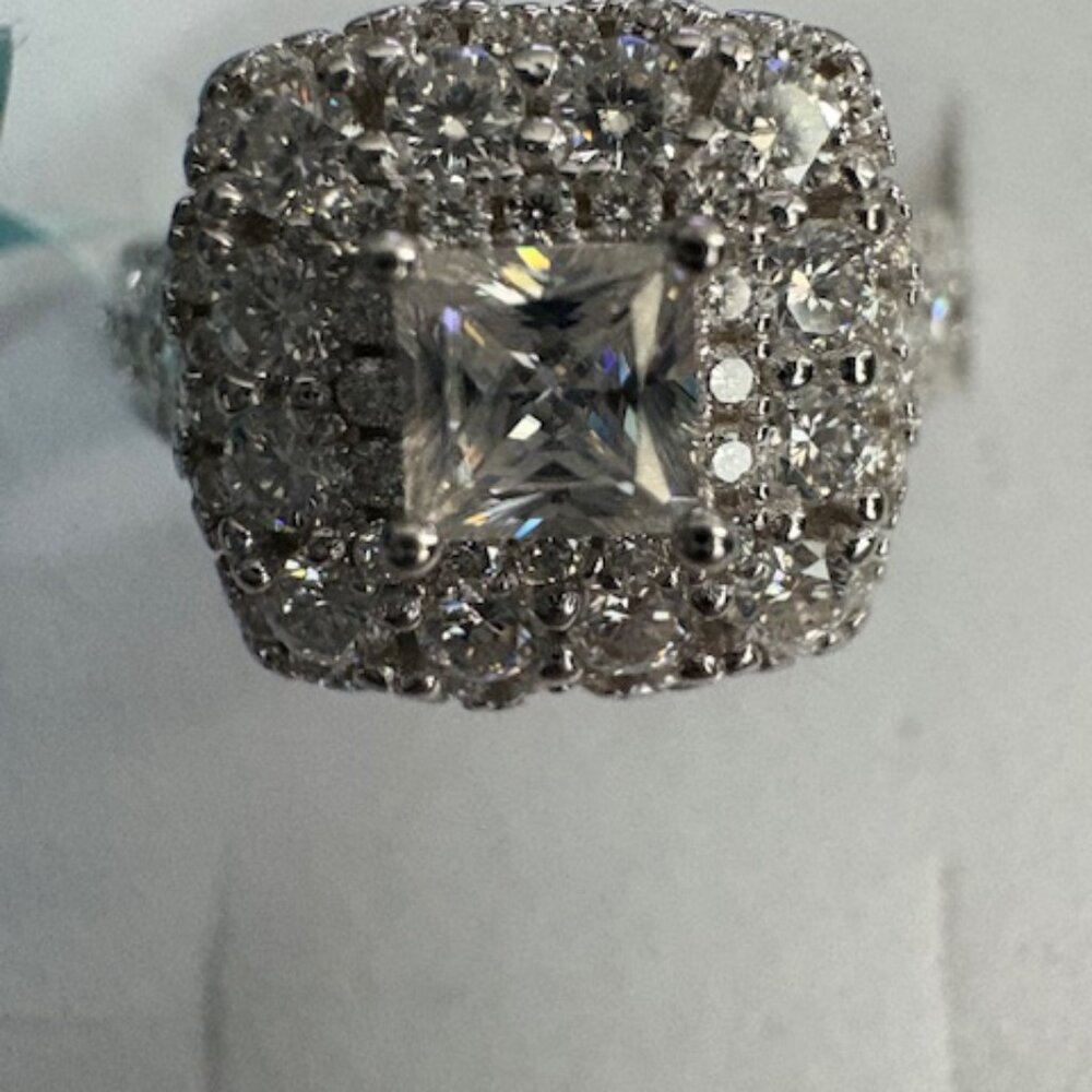 Elegant Square Halo Silver-Tone Ring with Clear Stones